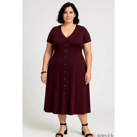 Torrid Ribbed Knit Button Front Detail Midi Dress Sz 3X Burgundy Pockets Stretch - Picture 1 of 13